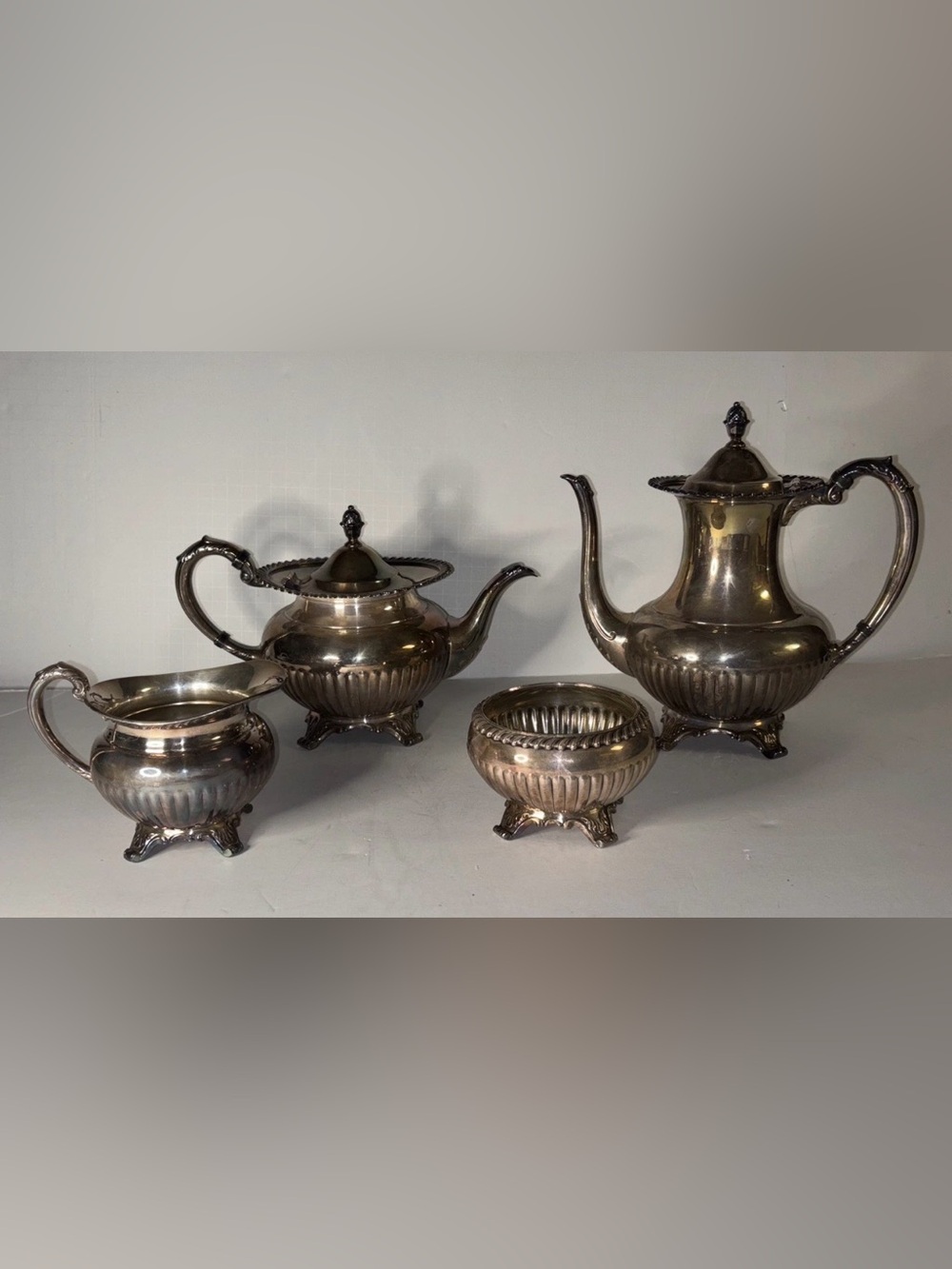 Vintage 4-Piece Silver Plate Georgian Gadroon Community Coffee Tea Drink Set‎